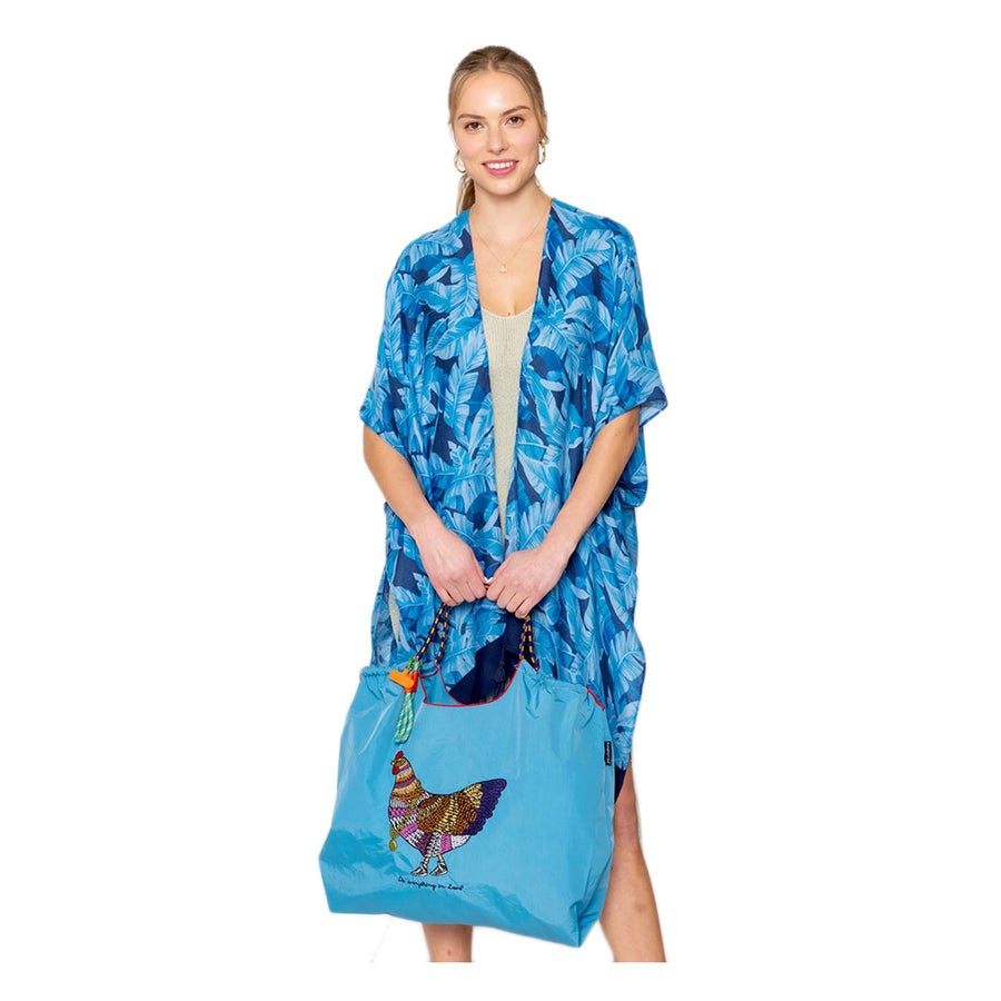 Turquoise Embroidered Chicken Rope Nylon Tote Bag