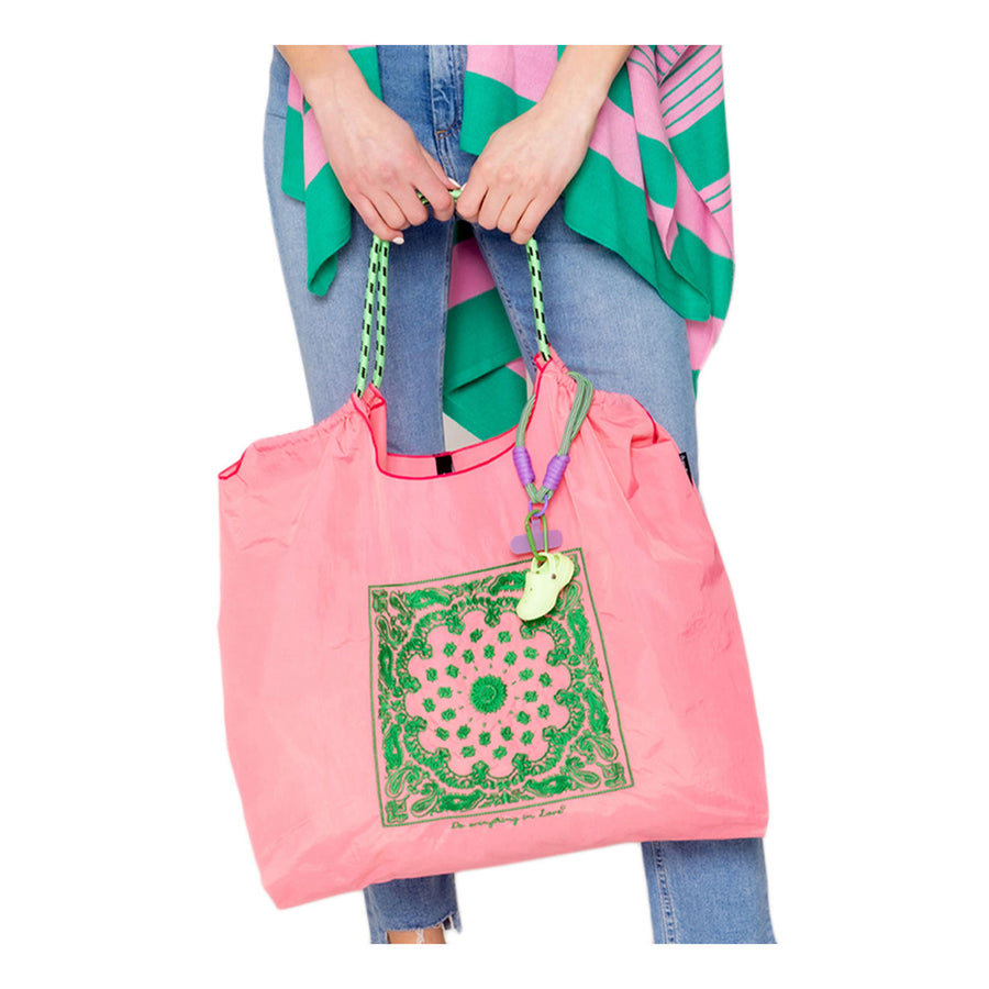 Pink Green Paisley Pattern Rope Nylon Tote Bag