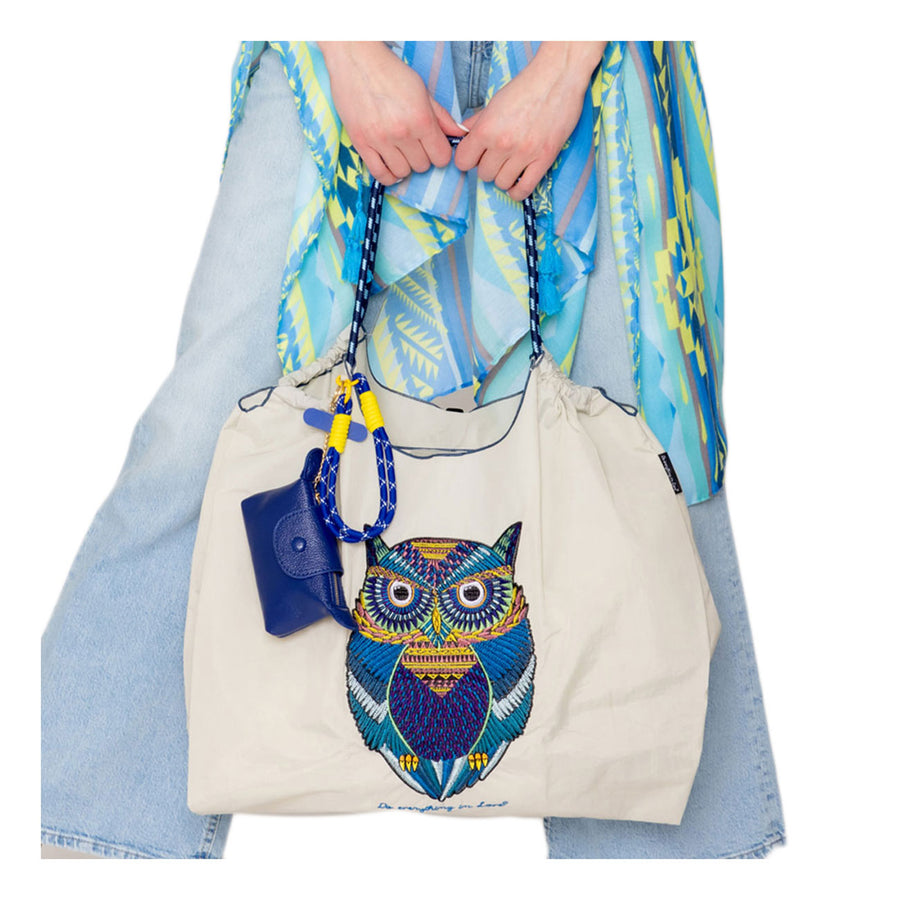 Light Gray Embroidered Owl Rope Nylon Tote Bag