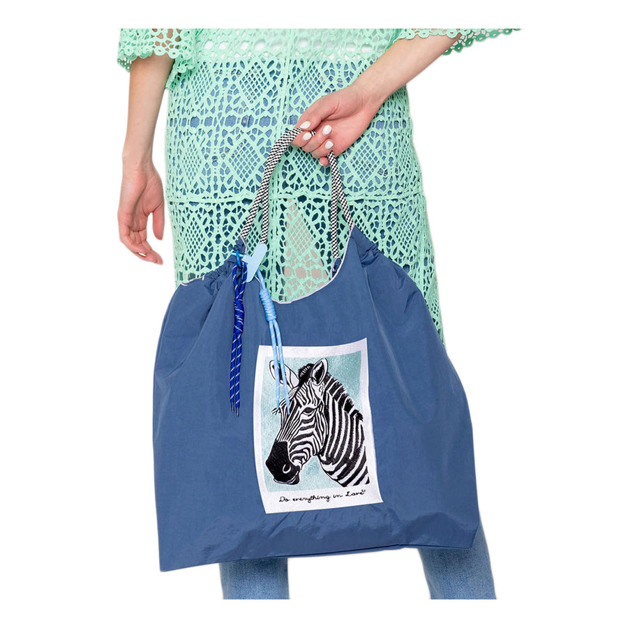 Navy Embroidered Zebra Rope Nylon Tote Bag
