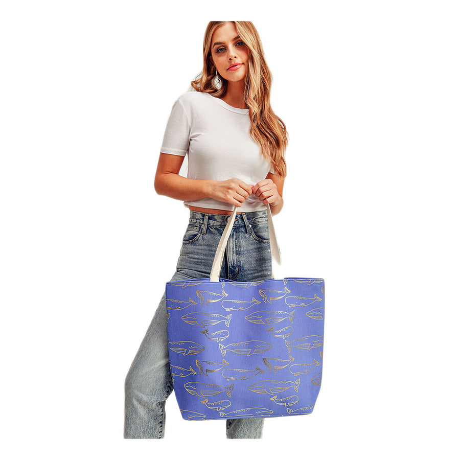 Oversize Royal Blue Metallic Whale Beach Tote Bag