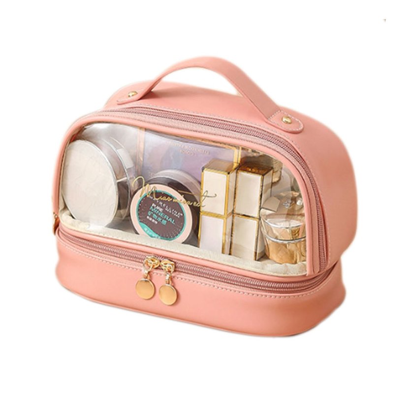 Double Layer Pink Portable Clear Transparent Makeup Pouch Bag