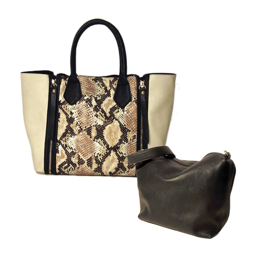 Stylish Cream Python Two in One Tote Satchel Bag