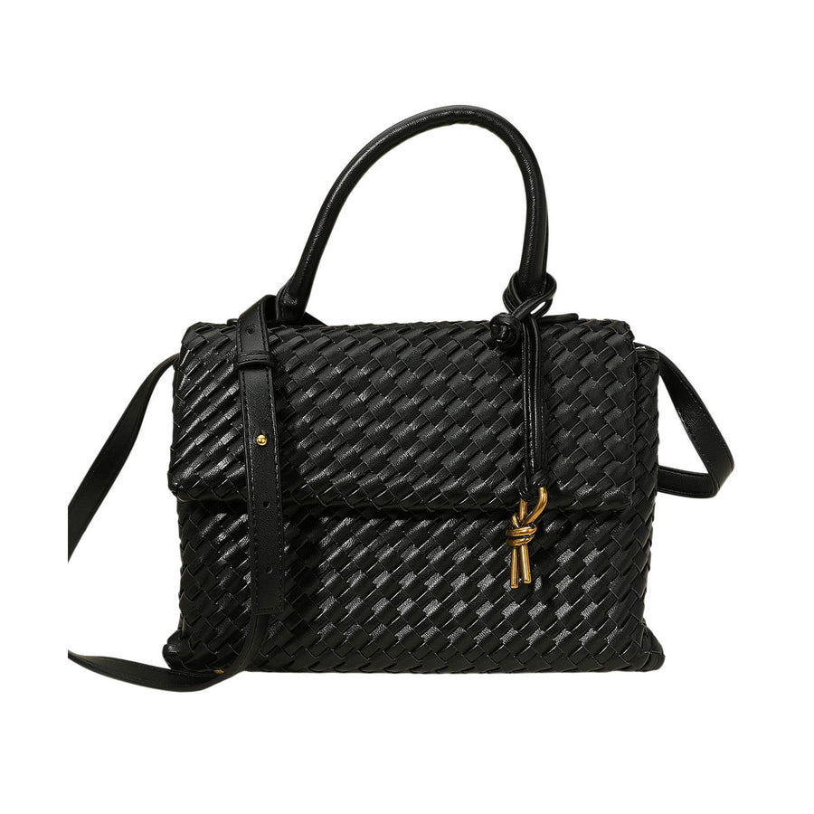 Brown Woven Structured Top Handle Crossbody Bag