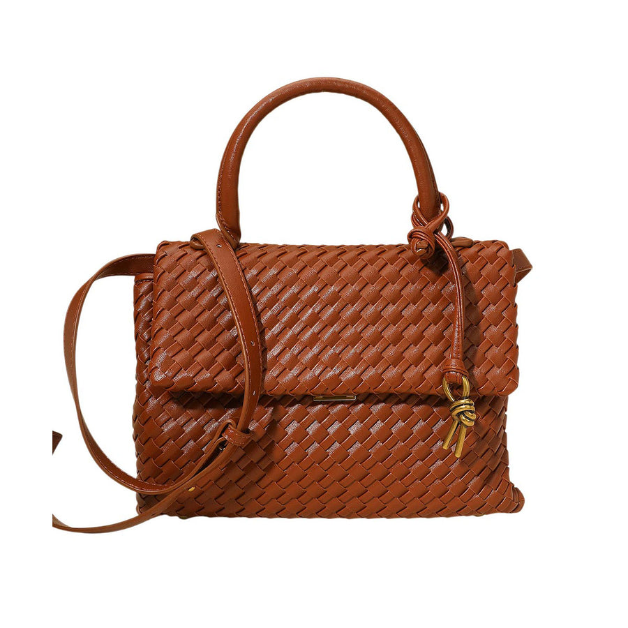 Brown Woven Structured Top Handle Crossbody Bag