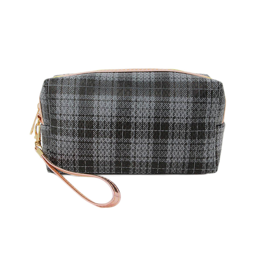 Classic Beige Plaid Check Pattern Wristlet Cosmetic Pouch Bag
