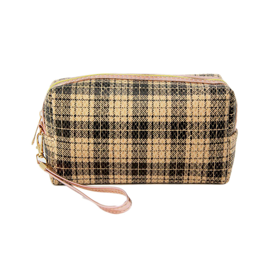 Classic Beige Plaid Check Pattern Wristlet Cosmetic Pouch Bag