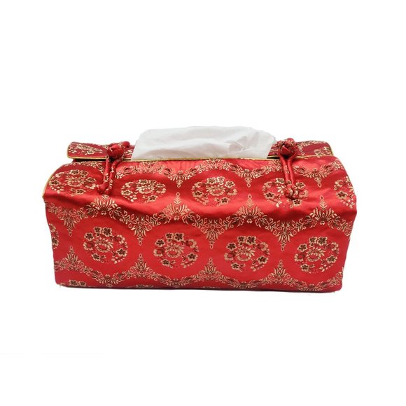 Red Floral Silk Brocade Tissue Box Cover