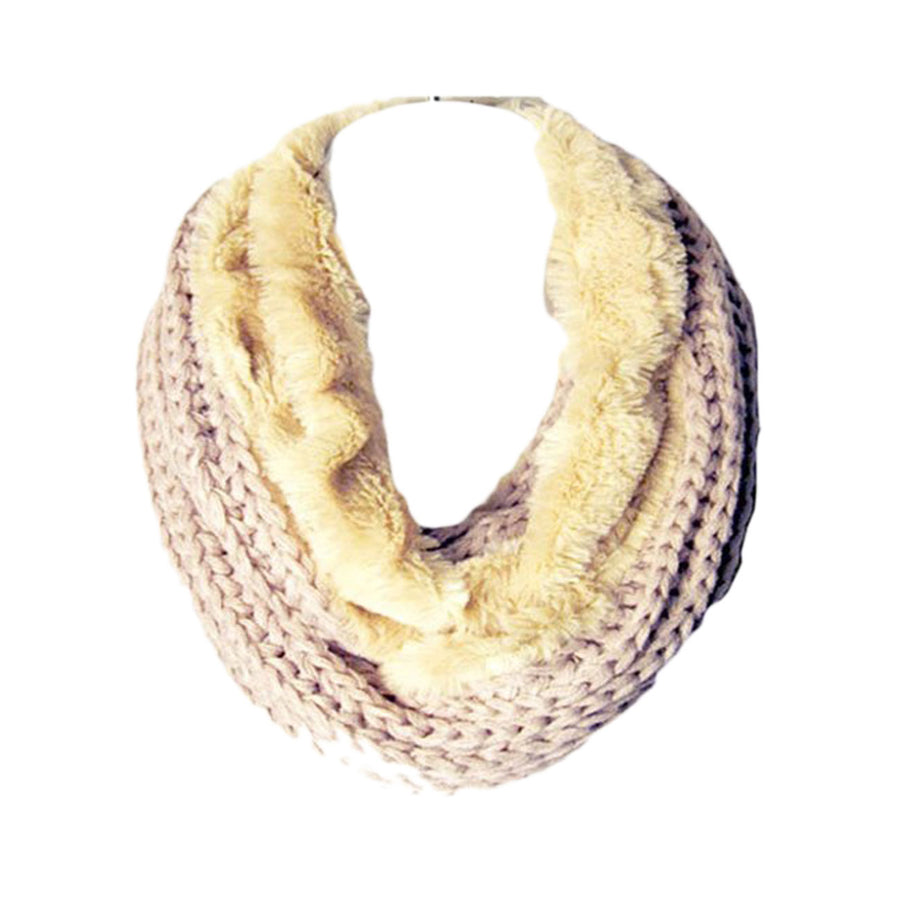 Beige Faux Fur And Knit Double Loop Infinity Scarf