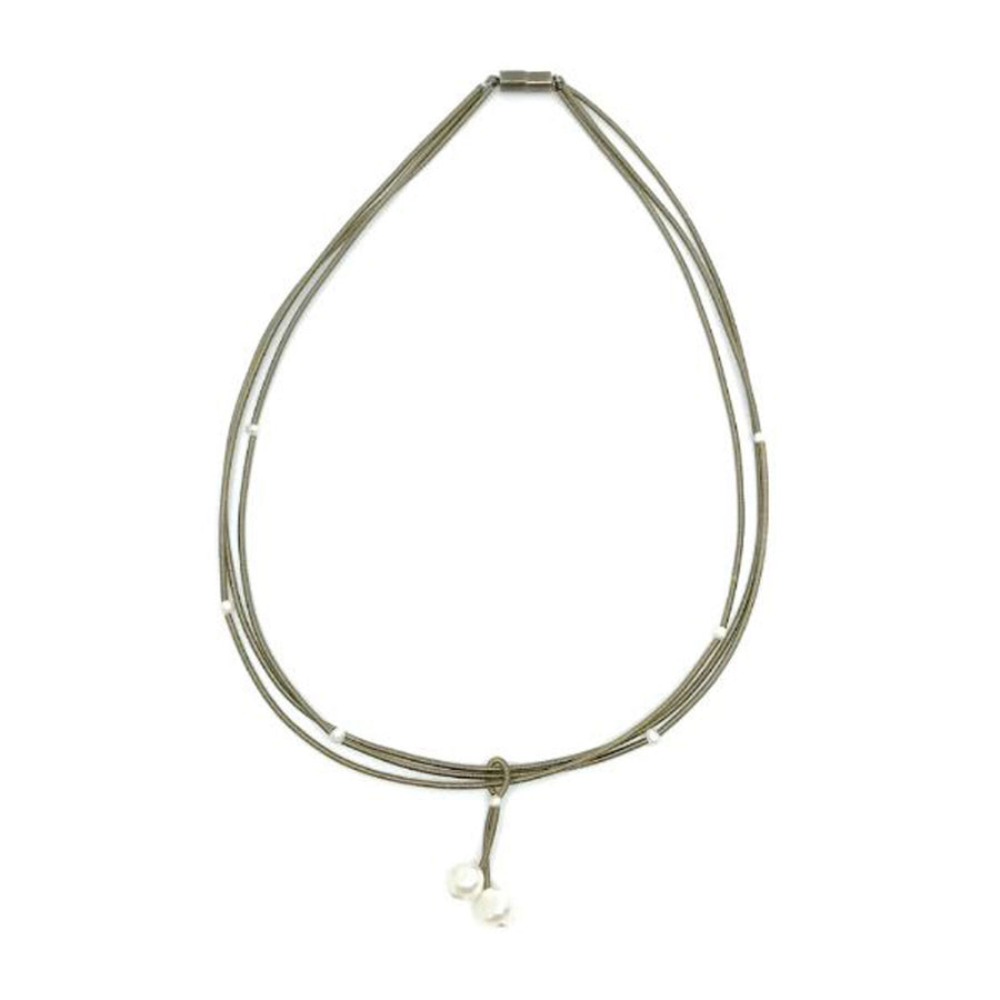 Handcrafted Pearly Drop Tri-Strand Silver Piano Wire Necklace