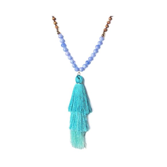 Multi Blue Fringe Wood Beaded Necklace