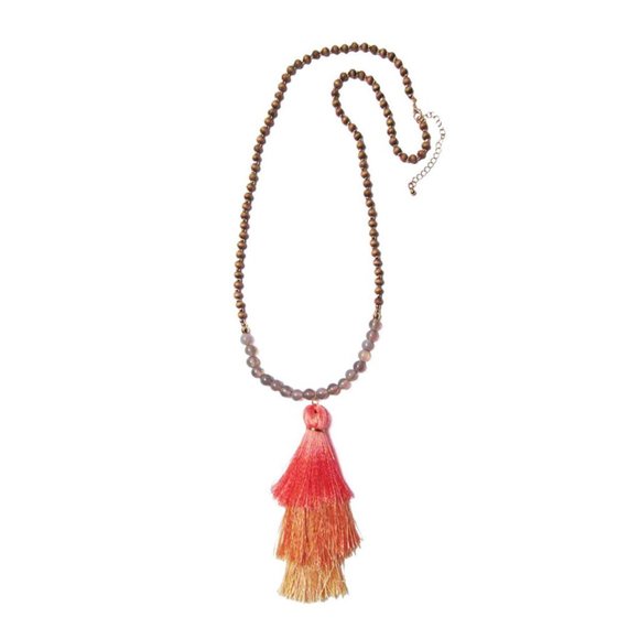 Multi Pink Fringe Wood Beaded Necklace