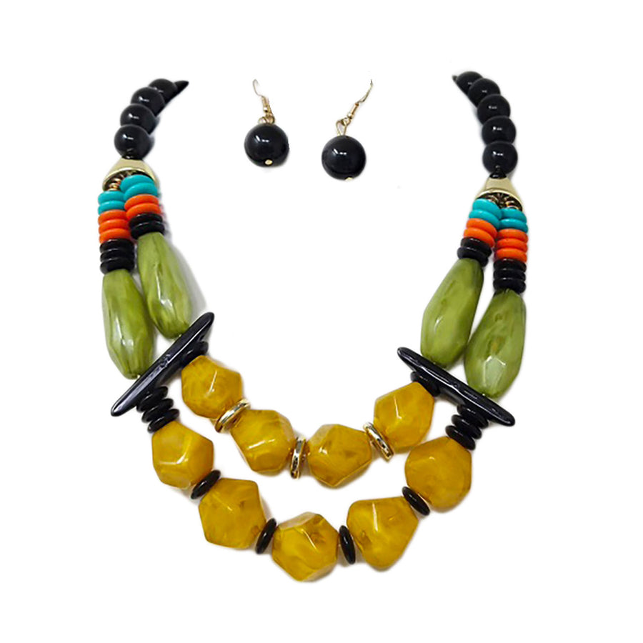 Bold Multi Yellow Resin Pebble Beaded Layered Statement Necklace