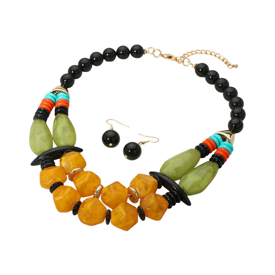 Bold Multi Yellow Resin Pebble Beaded Layered Statement Necklace