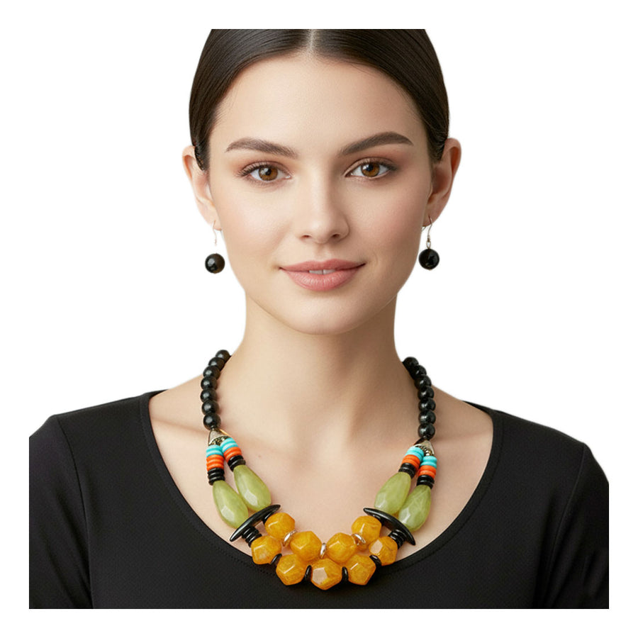 Bold Multi Yellow Resin Pebble Beaded Layered Statement Necklace