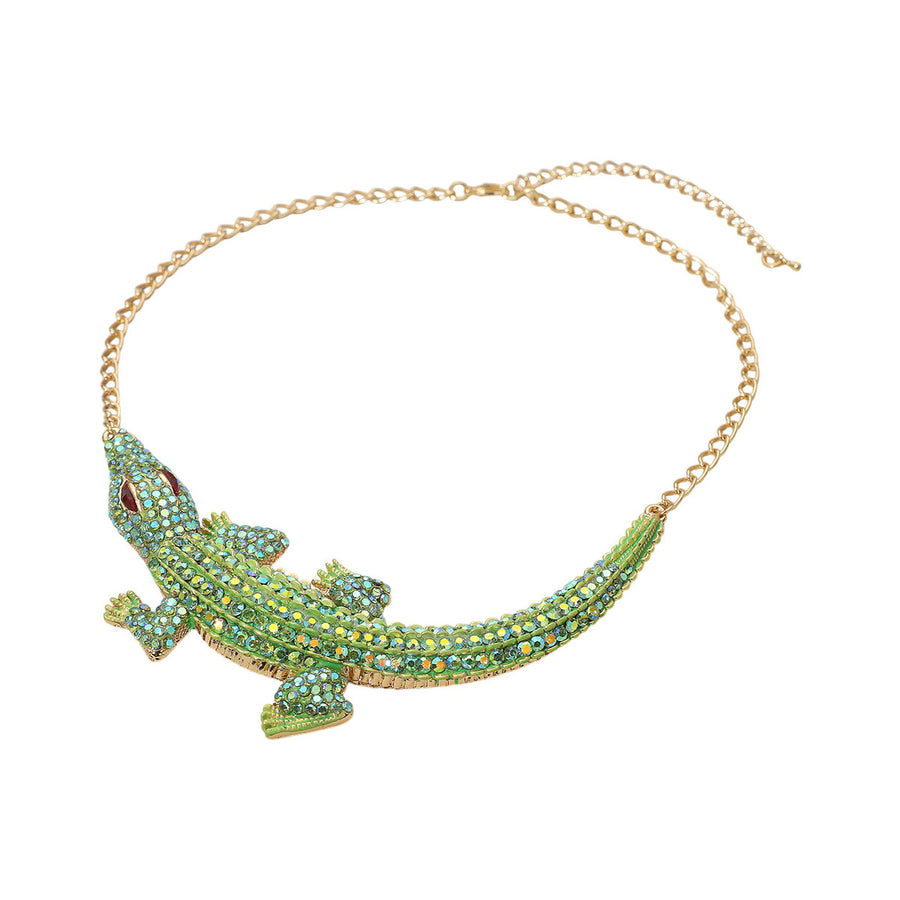 Pink Green Rhinestone Paved Bold Alligator Necklace