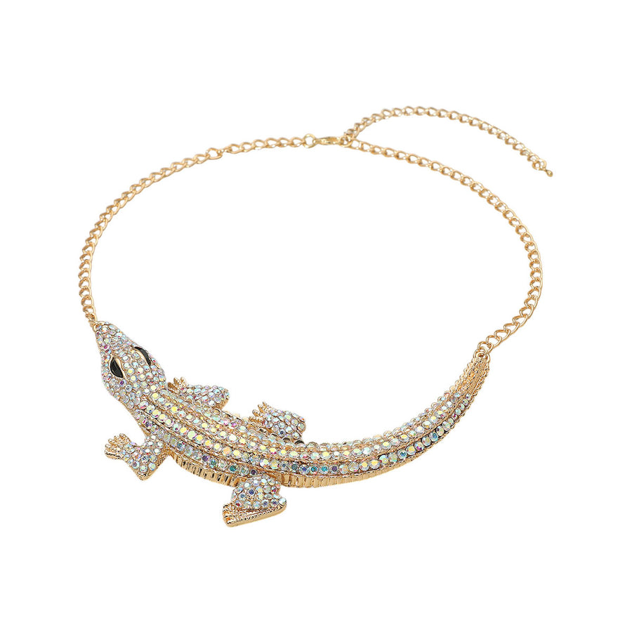 Pink Green Rhinestone Paved Bold Alligator Necklace