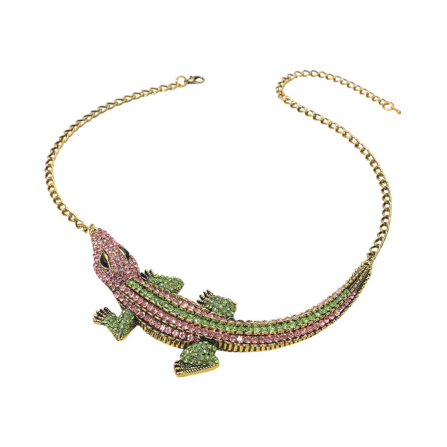 Pink Green Rhinestone Paved Bold Alligator Necklace