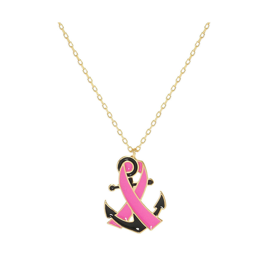 Enamel Anchor Pink Ribbon Pendant Necklace