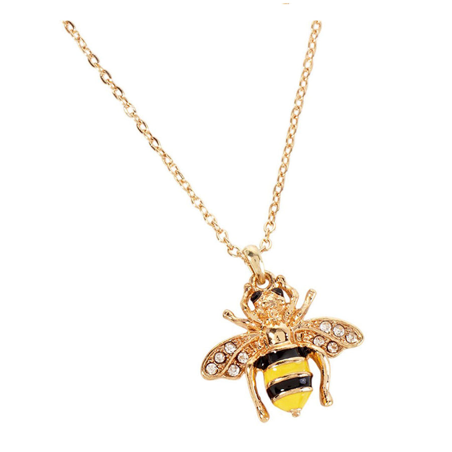 Gold Enamel Crystal Honey Bee Pendant Necklace