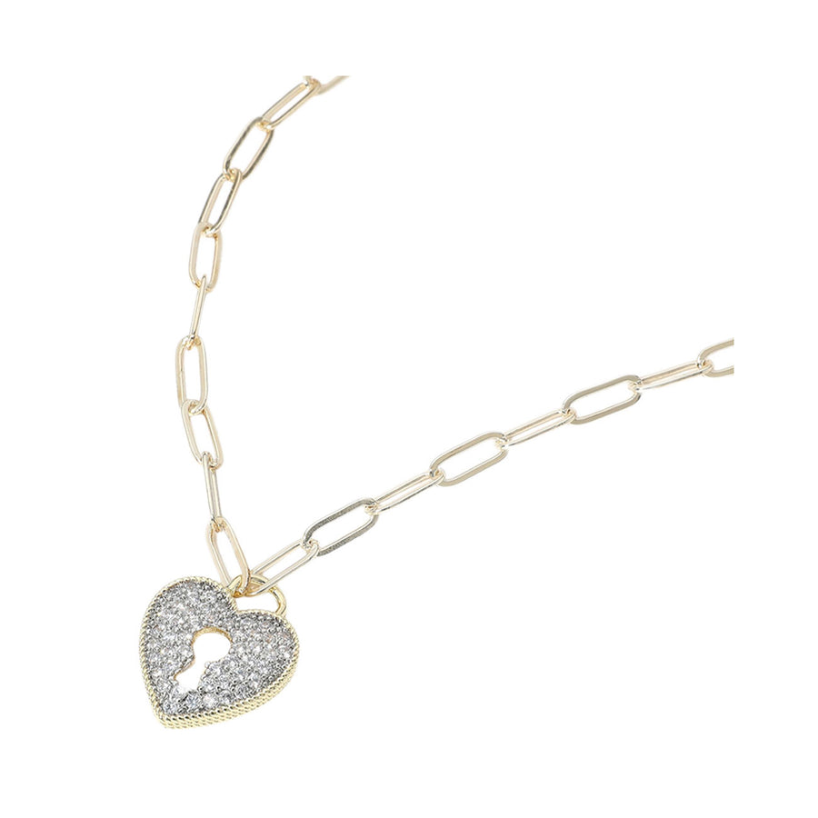 Gold CZ Stone Paved Heart Lock Pendant Paperclip Chain Necklace
