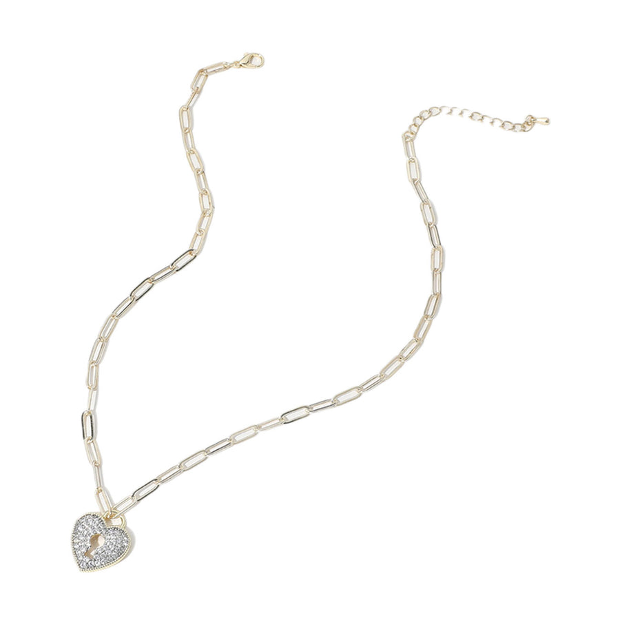 Gold CZ Stone Paved Heart Lock Pendant Paperclip Chain Necklace