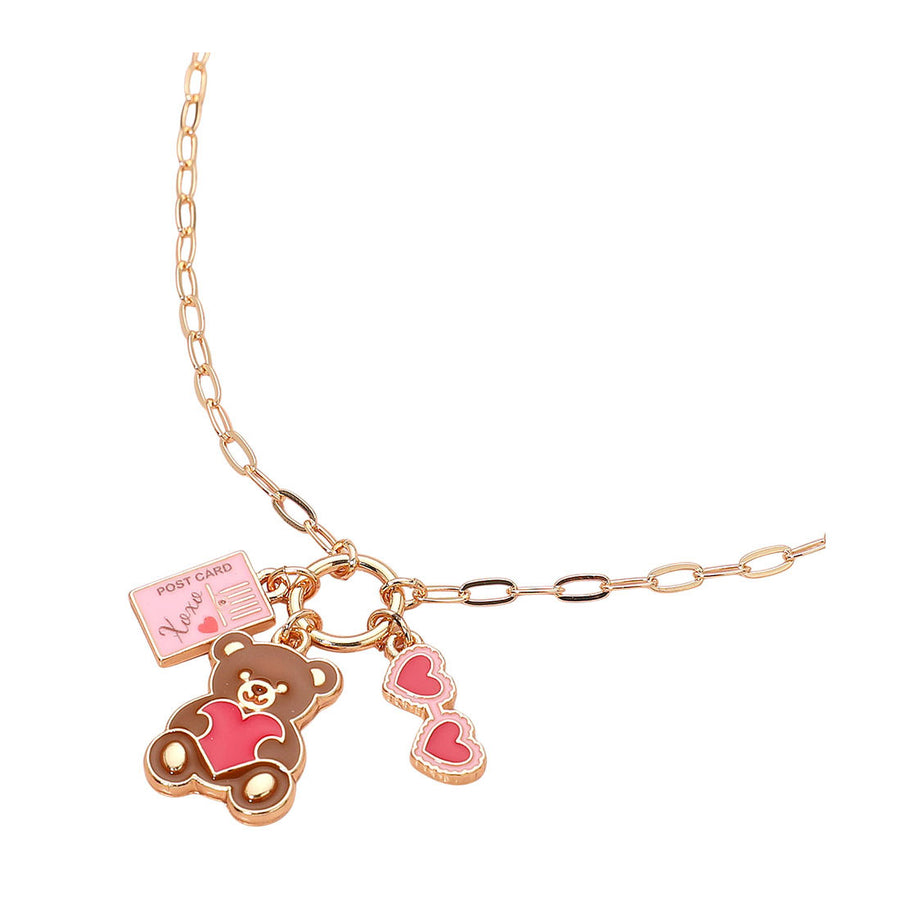 Pink Double Heart Teddy Bear Postcard Charm Pendant Necklace