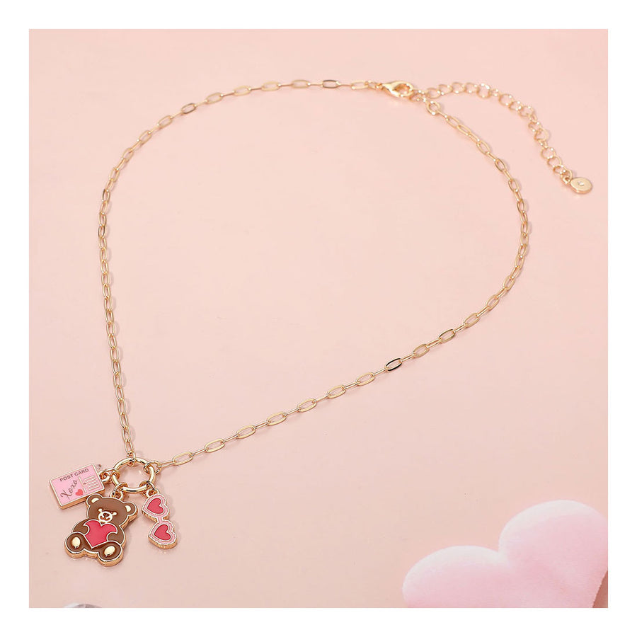Pink Double Heart Teddy Bear Postcard Charm Pendant Necklace