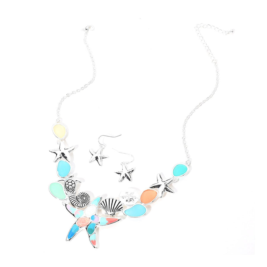 Multi Color Sea Glass Starfish Seashell Sea Turtle Embellished Necklace