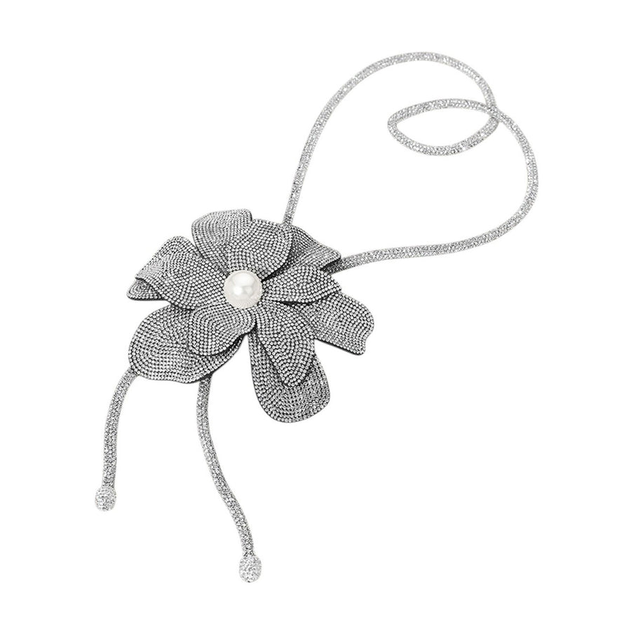 Fuchsia Bling Stud Pearly Flower Pointed Bolo Tie Necklace