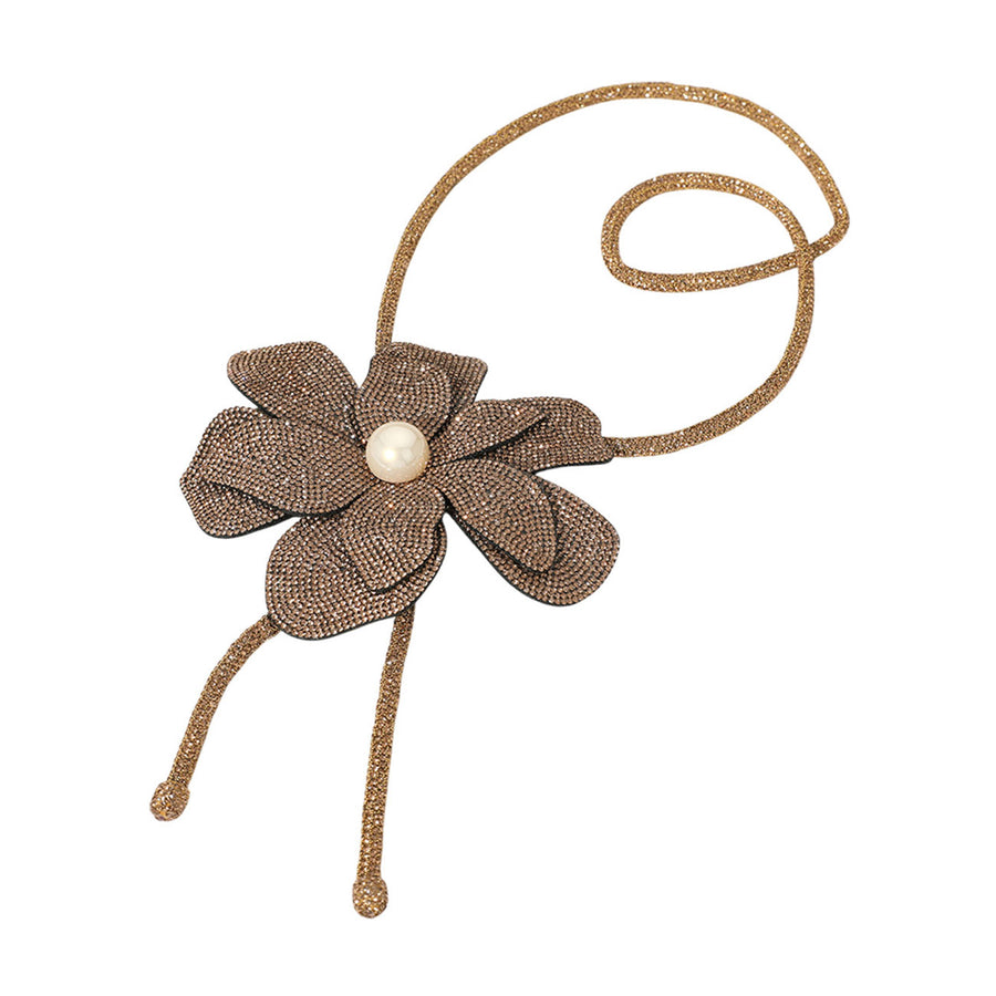 Fuchsia Bling Stud Pearly Flower Pointed Bolo Tie Necklace