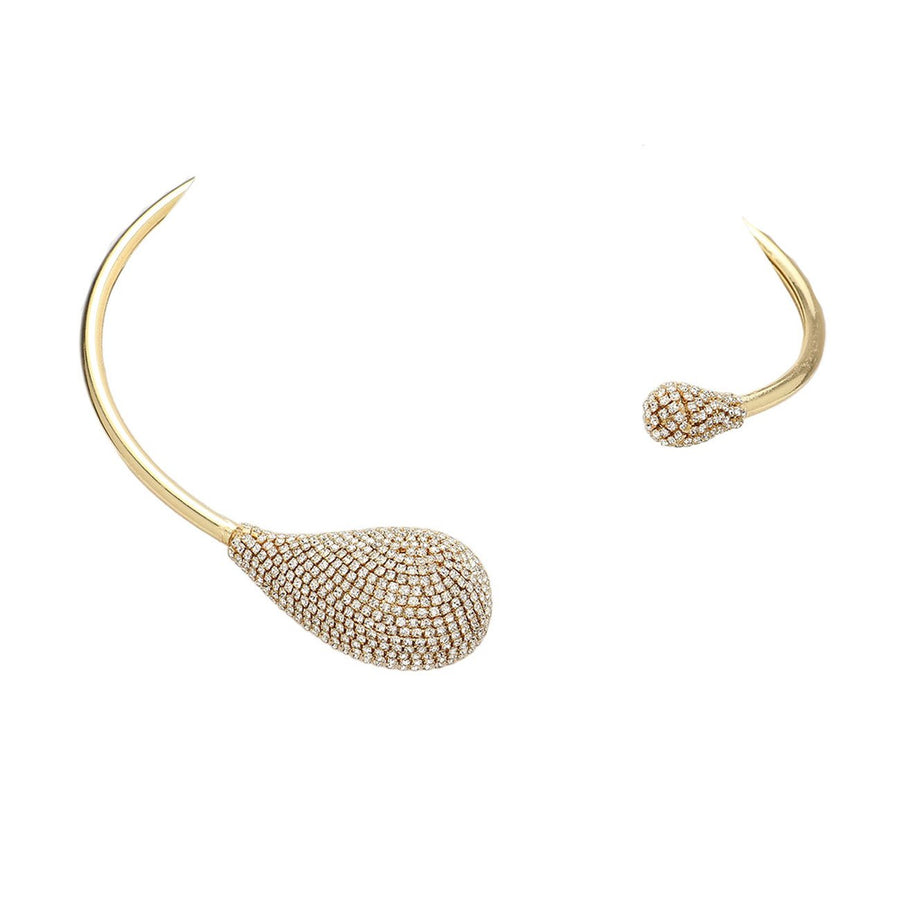 Glittering Gold Stone Paved Teardrop Tip Evening Choker Necklace