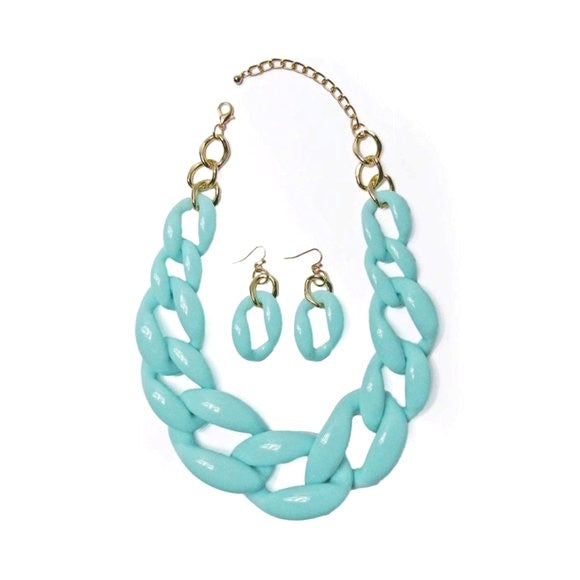 Blue Chunky Link Statement Necklace Set