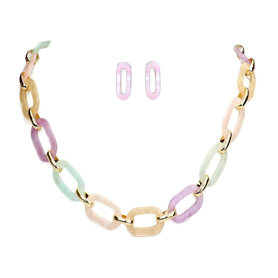 Lustrous Multi Pastel Color Oval Link Necklace Set