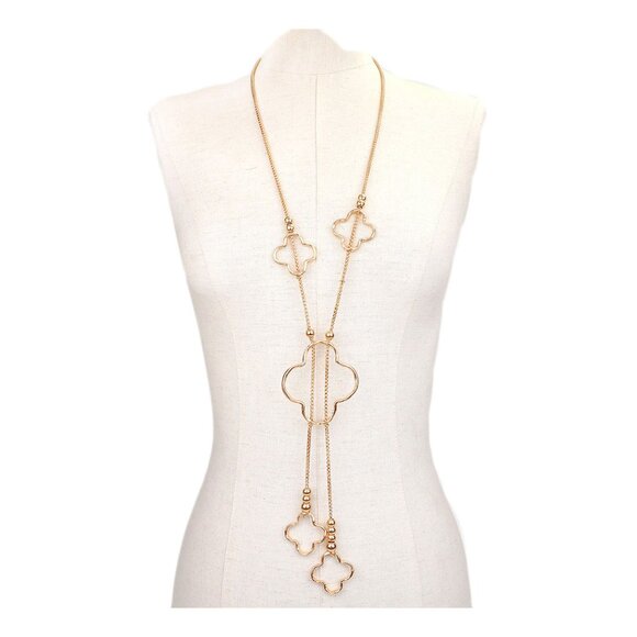 Gold Metal Clover Long Chain Necklace