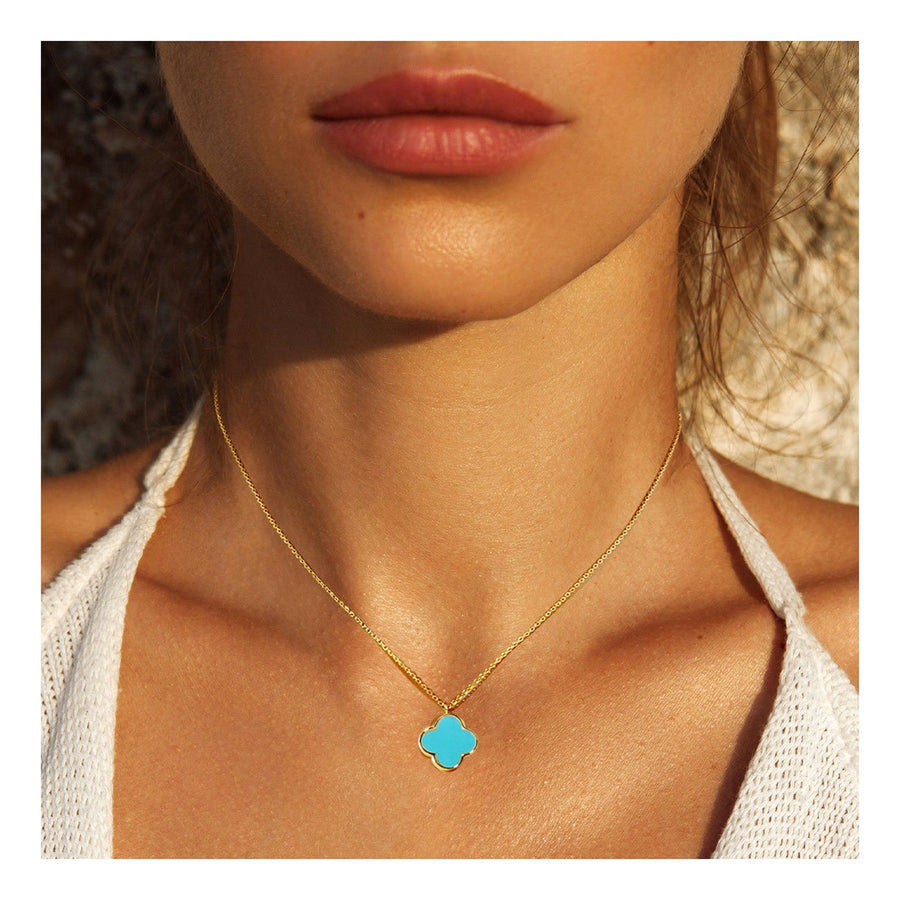 Dazzling Turquoise Blue Quatrefoil Clover Pendant Necklace