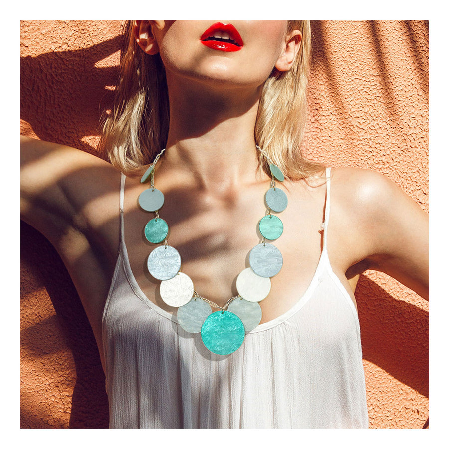 Turquoise Celluloid Acetate Disc Charm Necklace