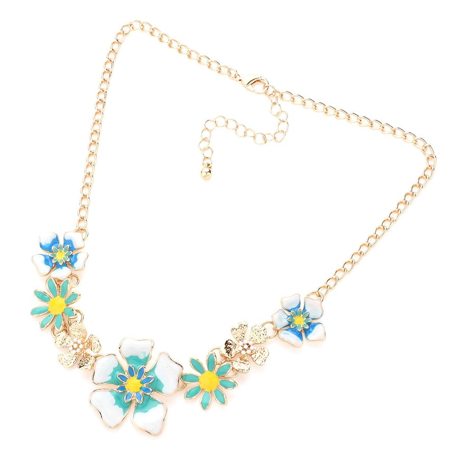 Romantic Enamel Blue Floral Necklace Set