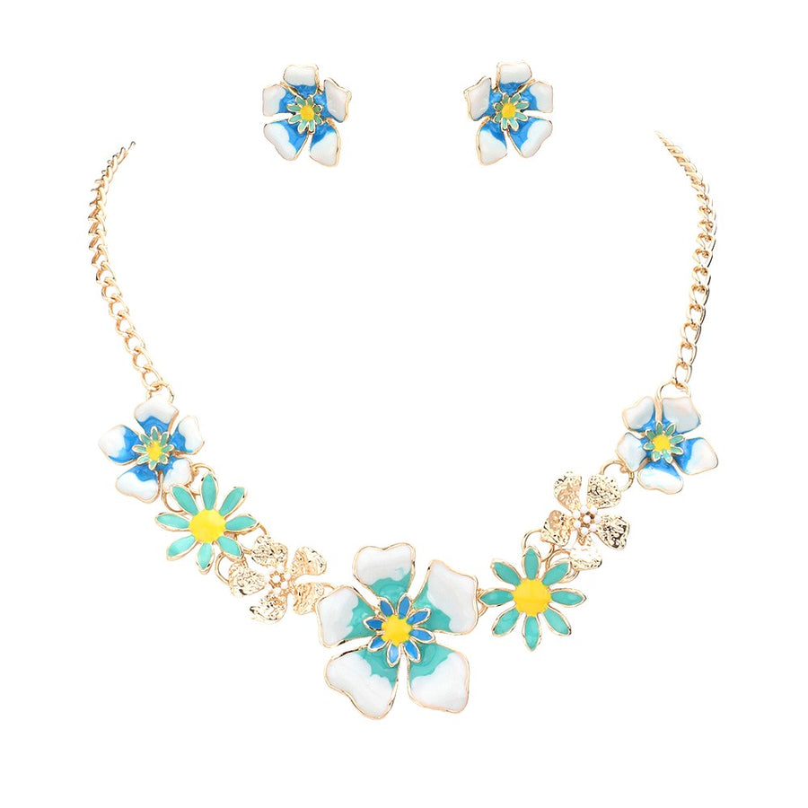 Romantic Enamel Blue Floral Necklace Set