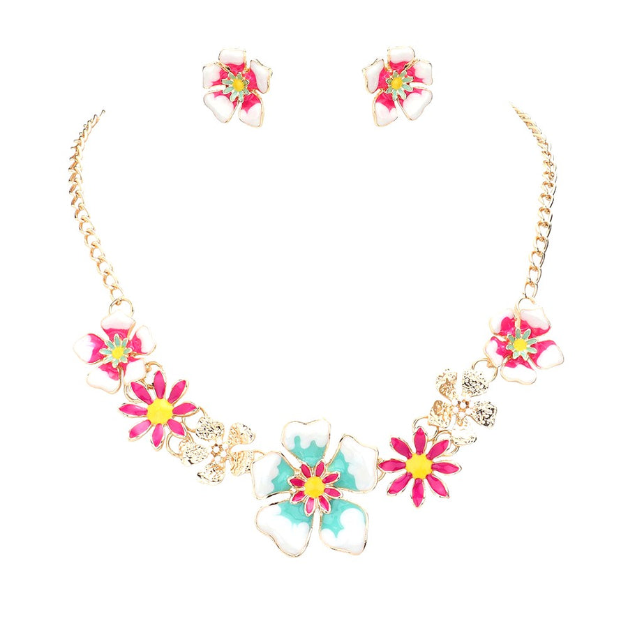 Romantic Enamel Blue Floral Necklace Set