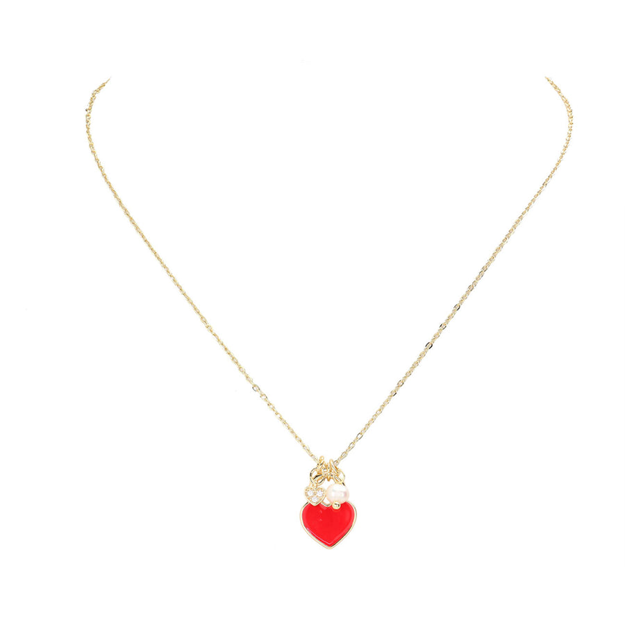 Romantic Red Enamel Heart Pearly Pendant Necklace