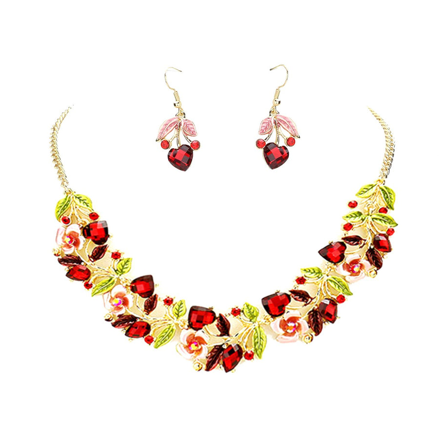 Gold Red Filigree Floral Stone Necklace Set