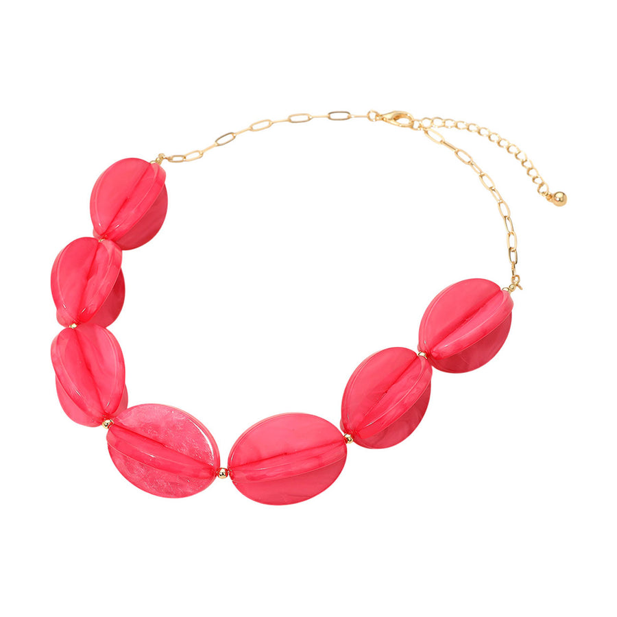 Fuchsia Celluloid Acetate Geometric Flower Bud Beaded Necklace