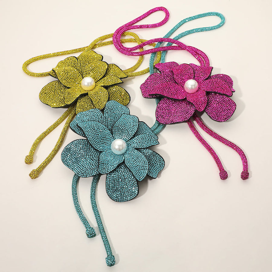 Fuchsia Bling Stud Pearly Flower Pointed Bolo Tie Necklace