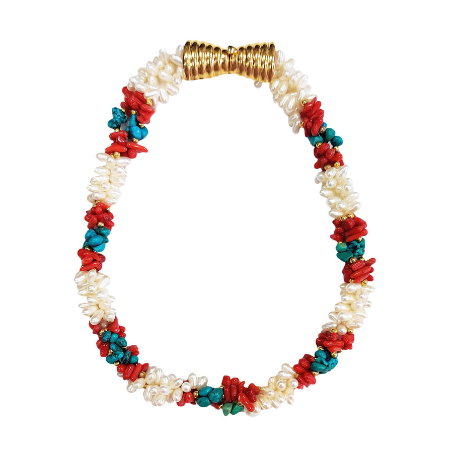 Precious Multi Strand Genuine Coral Turquoise Fresh Water Pearl Beads Necklace
