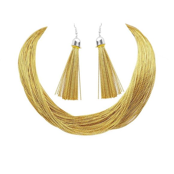 Stunning Multi String Layered Necklace Fringe Earrings Set