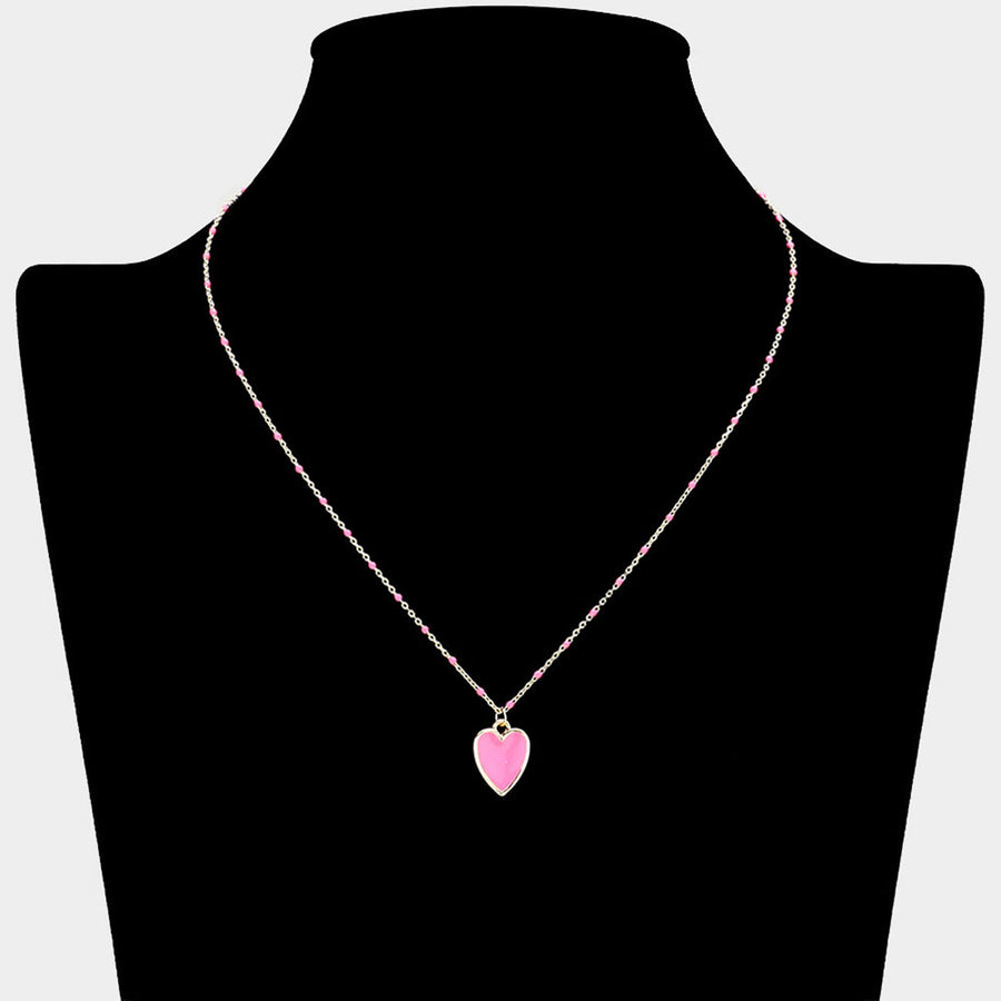 Lovely Enamel Pink Heart Pendant Chain Necklace