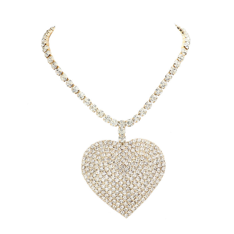 Romantic Pink Rhinestone Heart Pendant Chain Necklace