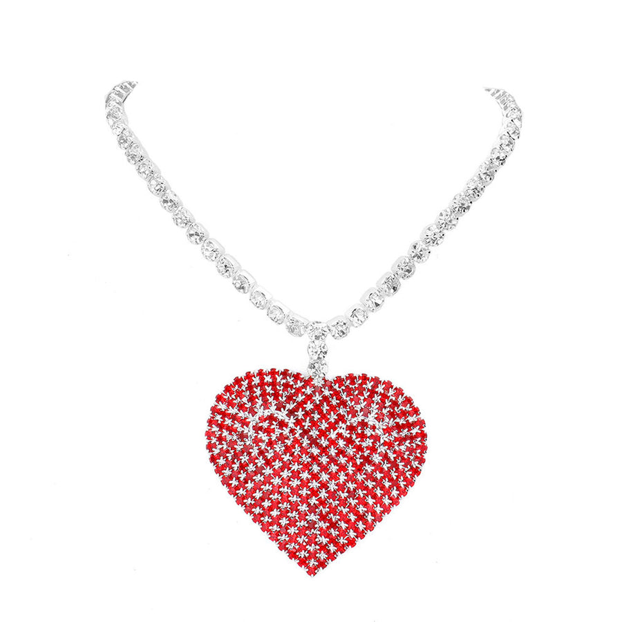 Romantic Pink Rhinestone Heart Pendant Chain Necklace