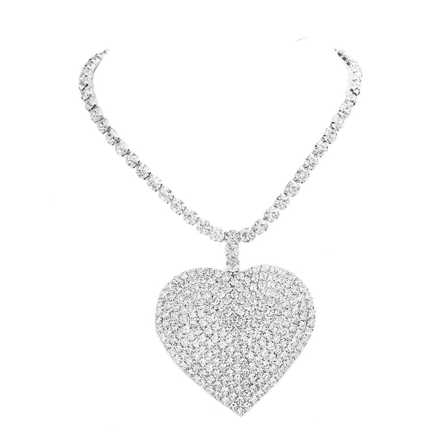 Romantic Pink Rhinestone Heart Pendant Chain Necklace